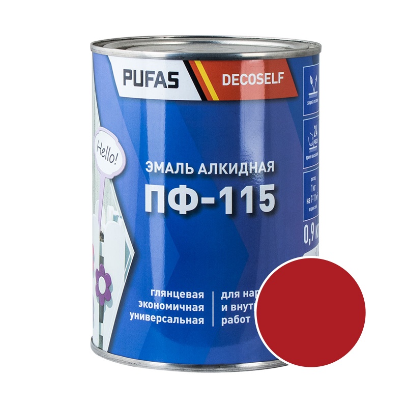 ЭМАЛЬ ПФ-115 алкидная 0,9 кг Decoself ПУФАС цв. красный