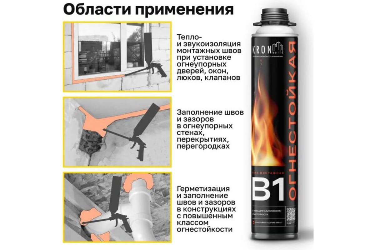 Пена монтажная противопожарная 850 мл 65 В1 KRONBUILD — фото 2