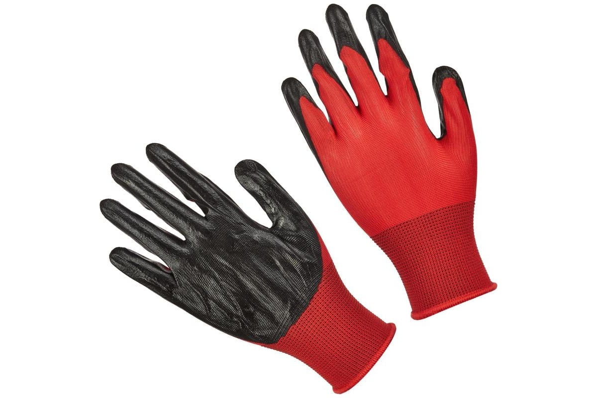 ПЕРЧАТКИ нейлоновые 15 класс нитриловое покрытие цв. красный с черным