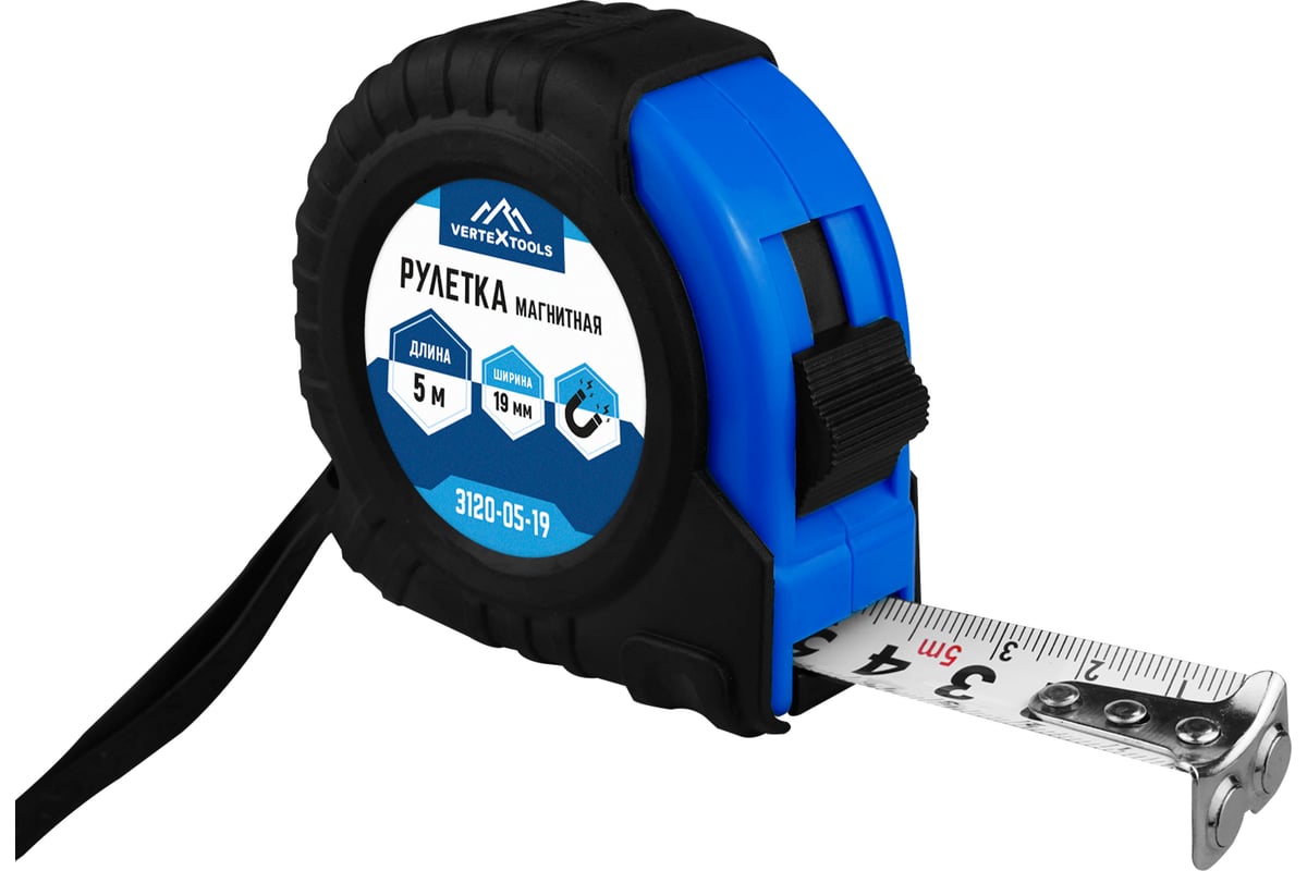 РУЛЕТКА измерительная 5 м 19 мм с фиксатором обрезиненный корпус VERTEXTOOLS