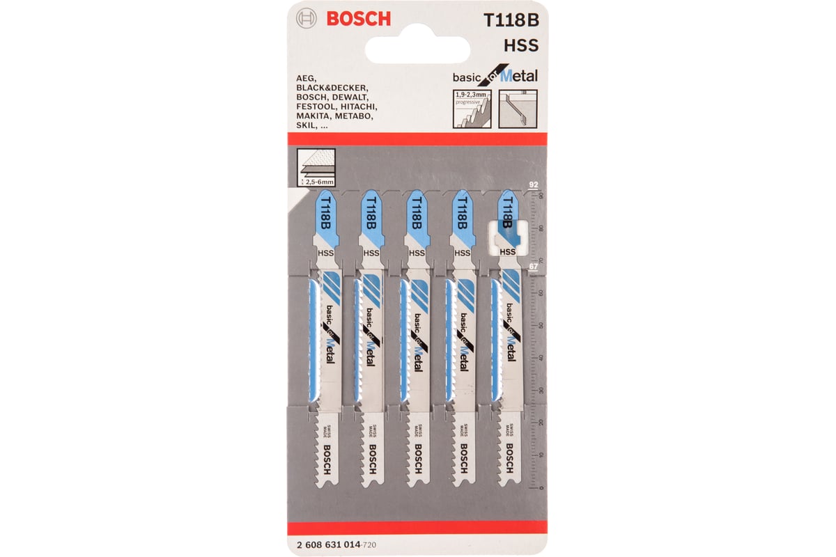 ПОЛОТНО для лобзика 67х90 мм по металлу прямой рез T118B шаг 1,9-2,3 мм 5 шт BOSCH
